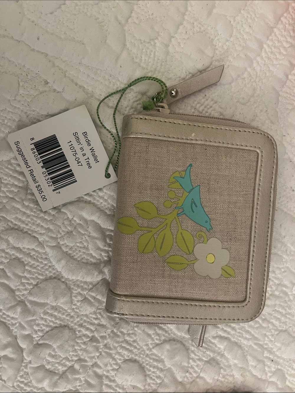 Vera Bradley Bird Motif Zip Wallet in Beige with Teal and Lime Accents
